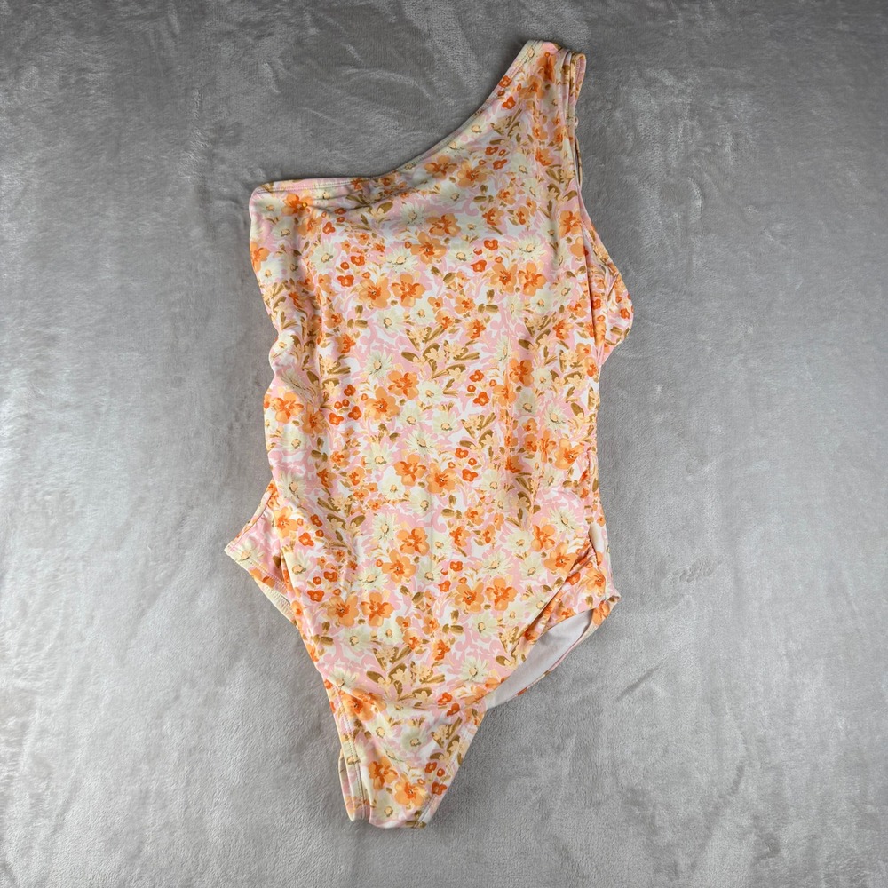 Kona Sol‎ Womens Floral One Shoulder One Piece Swimsuit Orange Pink XL